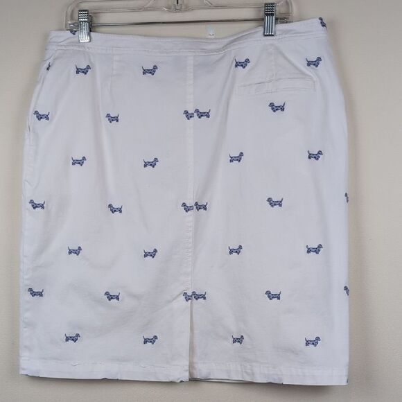 Talbots White Cotton Pencil Skirt Blue Embroidered Dachshund Dog Print Size 14 - Picture 7 of 9